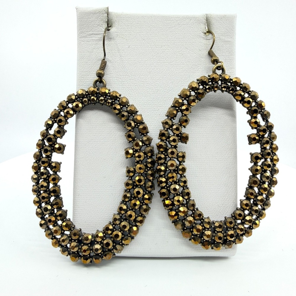 Vintage Bronze & Gold Tone Rhinestone Large Oval Hoop Statement Earrings